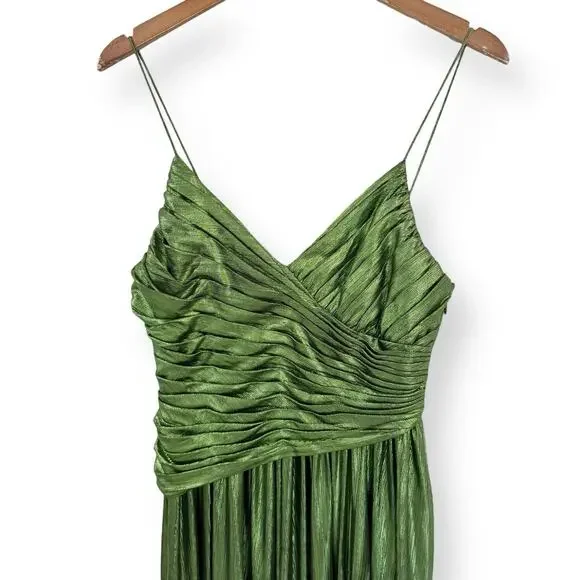 Retrofete Doss Maxi Dress Womens Small Gown Lime Green Lame V-Neck Ruched